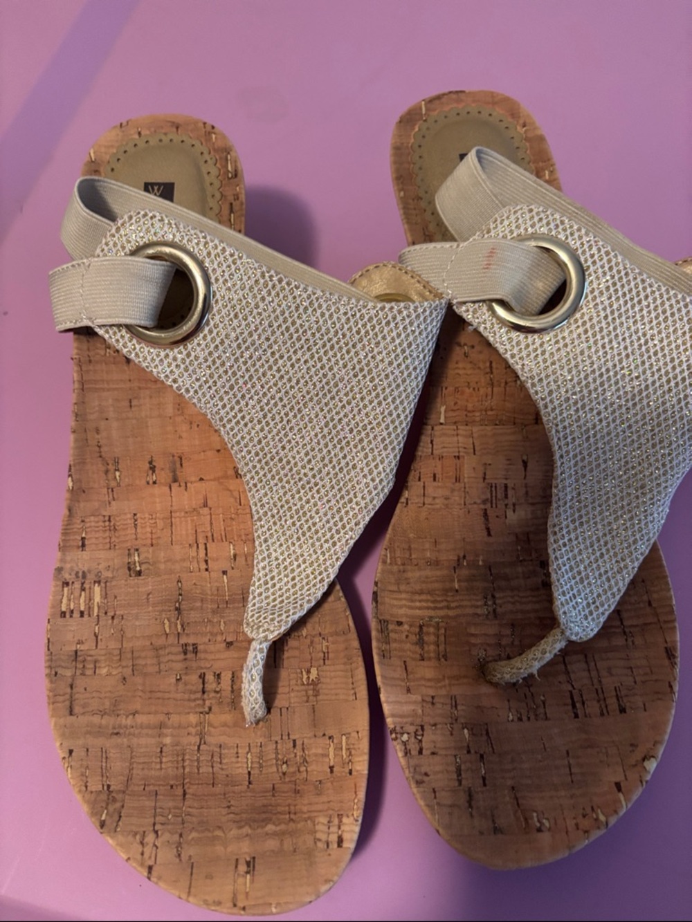 Women’s Cream Cork Thong Sandals with Metallic Ring Accent